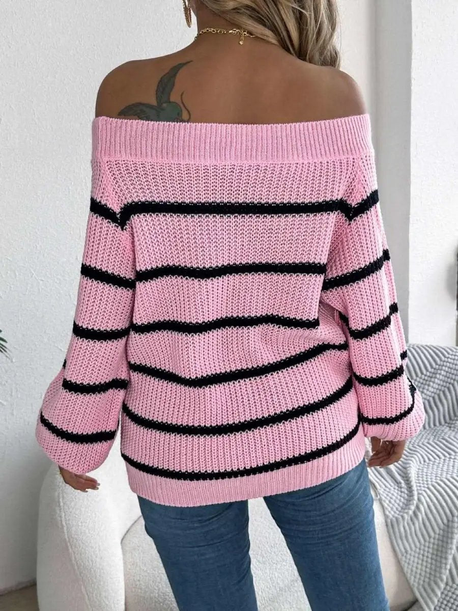 Striped Off-Shoulder Long Sleeve Sweater - Love Salve